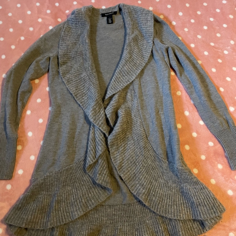 White House Black Market Gray Ruffled Cardigan